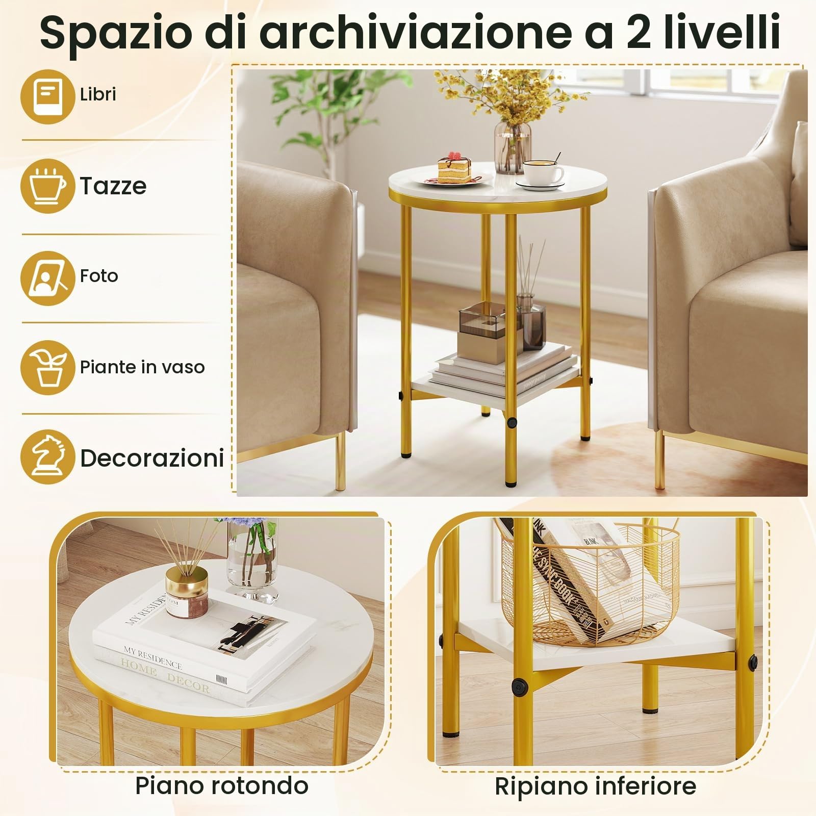 LIFEZEAL Tavolino rotondo moderno con ripiano in marmo sintetico e ripiano in metallo robusto a due livelli per soggiorno, camera da letto e ufficio