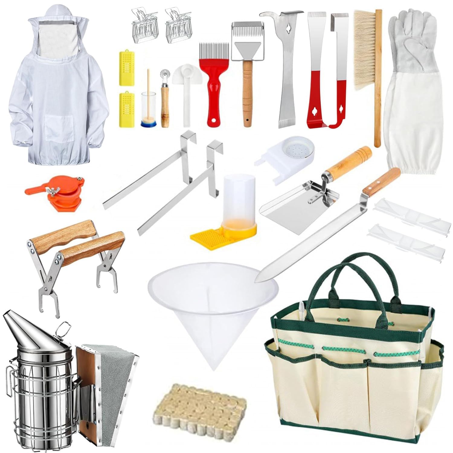 Accessori Apicoltura, Set Starter Apicoltura 30 Pezzi, Forniture per Apicoltura con Borsa Tote, Gancio J, Maniglia Telaio, Set di Avviamento per Principianti e Apicoltori Professionisti