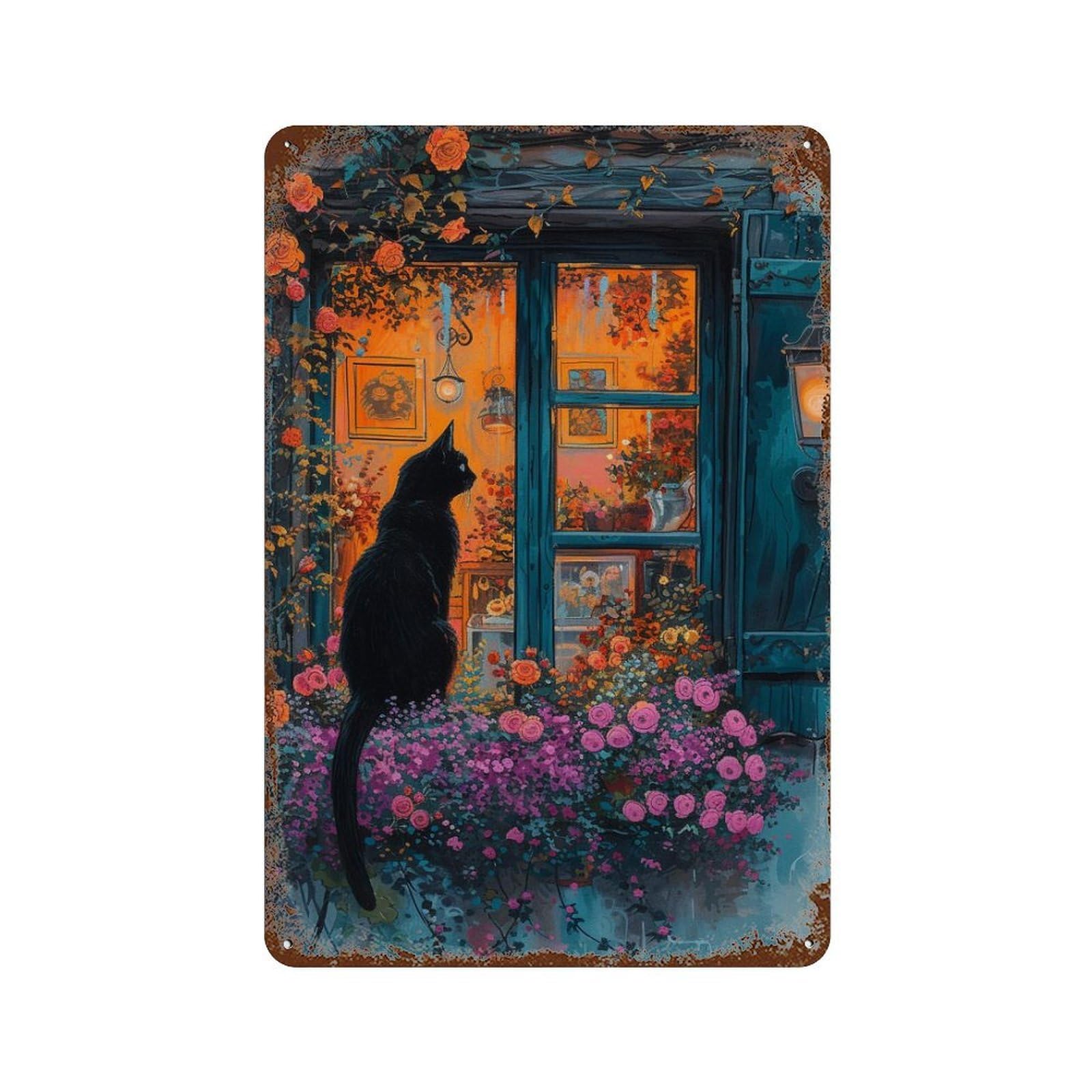Garden Cat Painting Rusty Metal Tin Sign 11.8"x7.9", for Shed, Workshop And Garage Wall Decor, Novelty Wall Decor