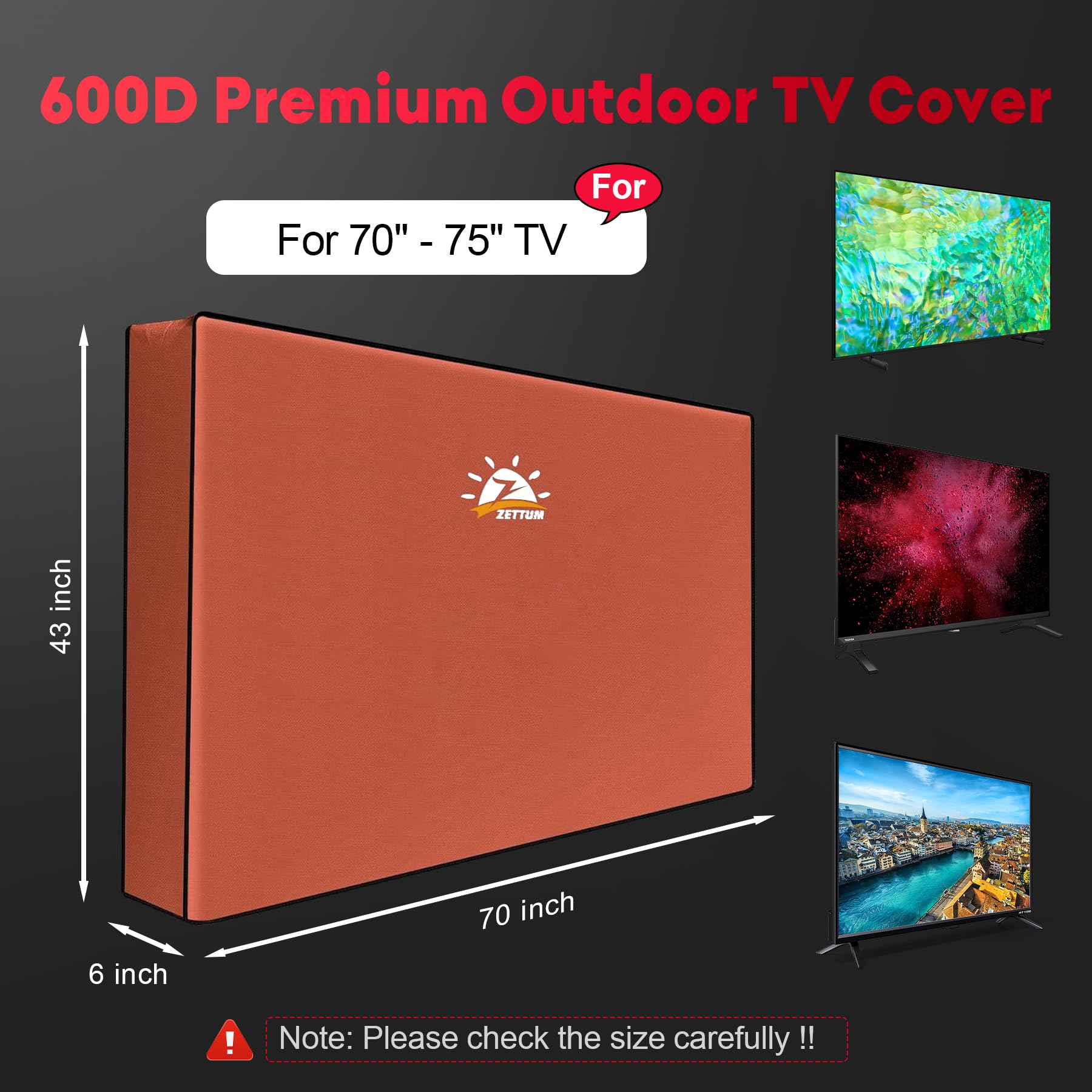 Zettum Copertura per TV da esterno da 75", 600D, impermeabile e resistente alle intemperie, per TV da 70 a 75 pollici, protezione resistente per TV a schermo piatto esterno (dimensioni: 178 x 15 x 109