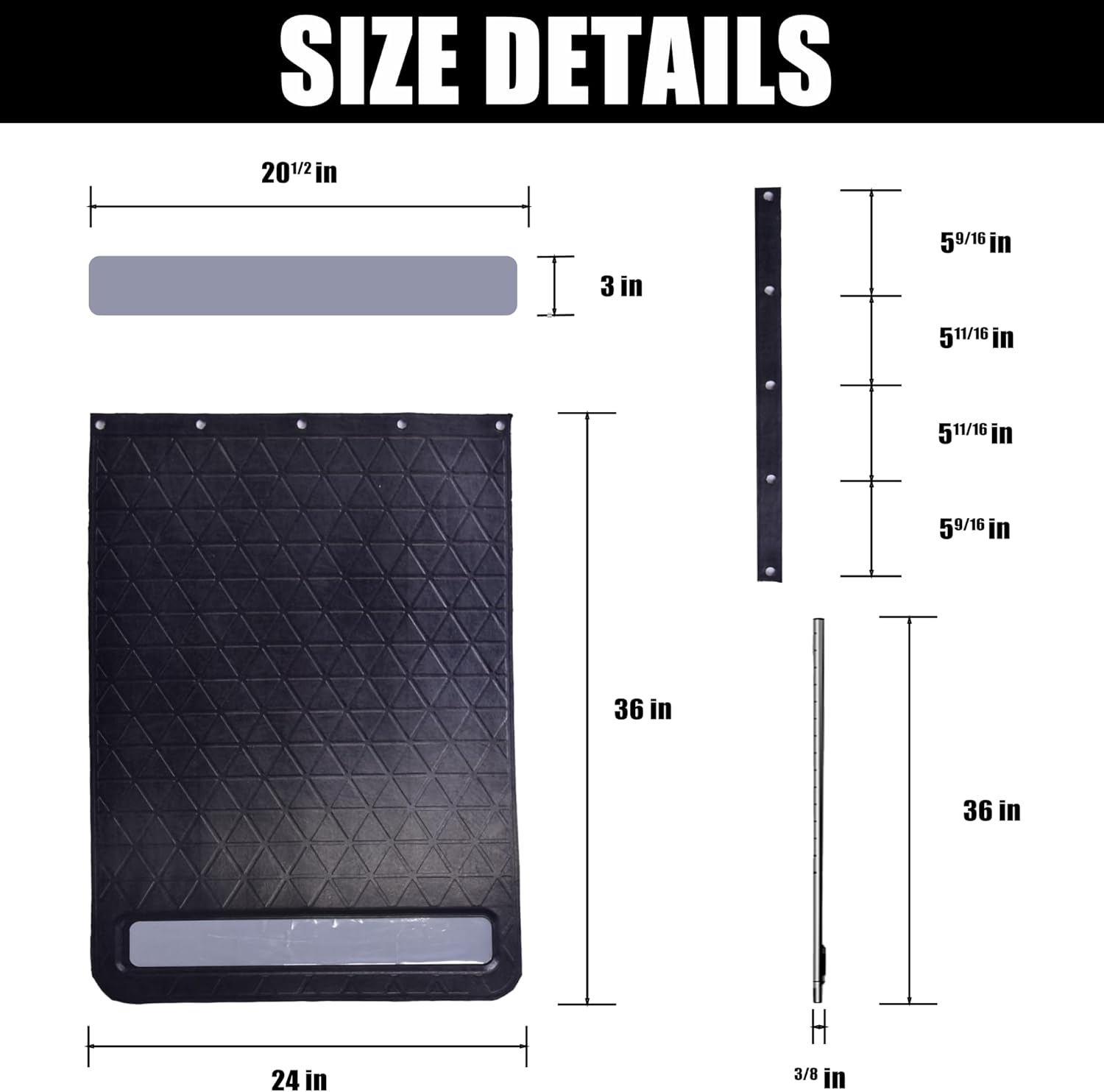 Heavy Duty Rubber Mud Flaps 2-Pack, 24x36Inch with Reflective Strips, for Pickup Trucks, Trailers, Semi Trucks, Splash Guards, Weather Resistant (Fender only)