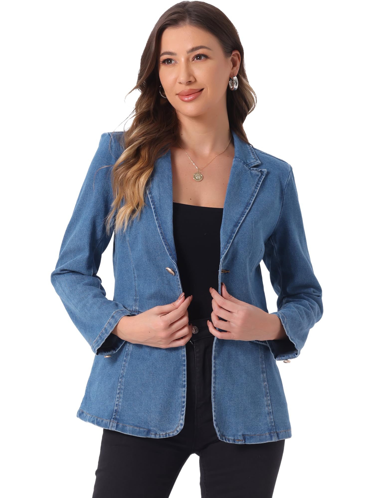 Allegra K Blazer de Solapa para Mujer y 1 Solo Pecho de Mezclilla con Hombreras Chaquetas Informales de Negocios