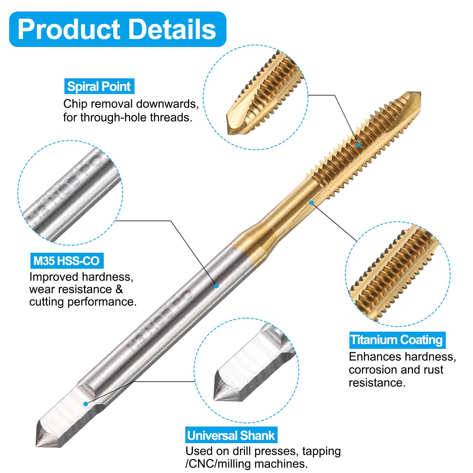 Set di maschi e punte da trapano, 2 maschi per filettatura a spirale metrica M4 x 0,7 e 2 punte elicoidali da trapano da 3,3 mm, kit di utensili per filettatura M35 HSS-CO/HSS-6542 rivestiti in tit