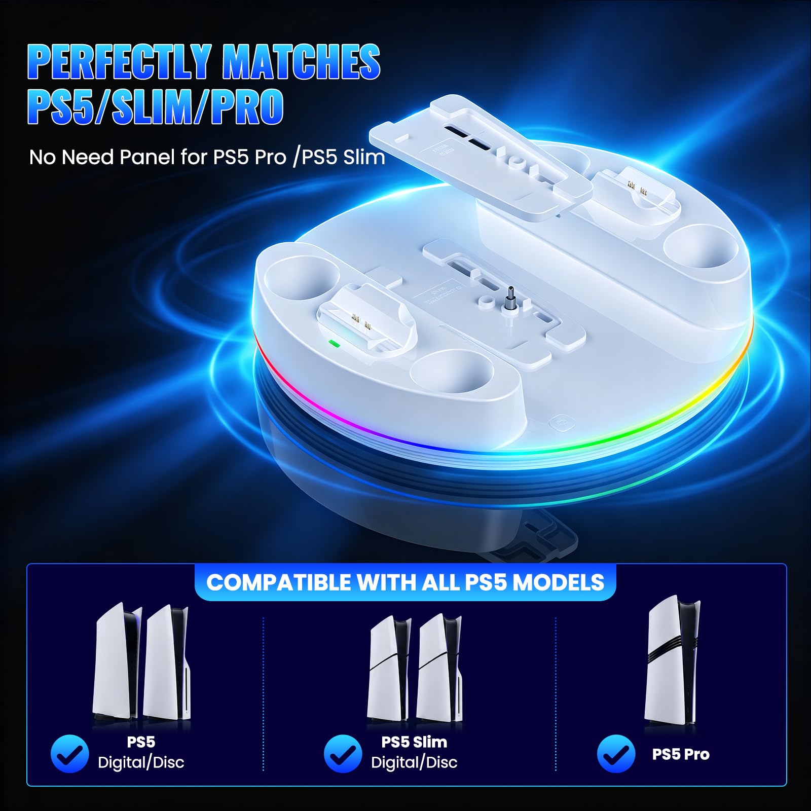 NEWDERY for PS5/Slim/Pro Stand Console, Fast Charging Station Compatible with PlayStation 5 Controllers with Adjustable RGB Light, Charging Station for All PlayStation 5 Console - White