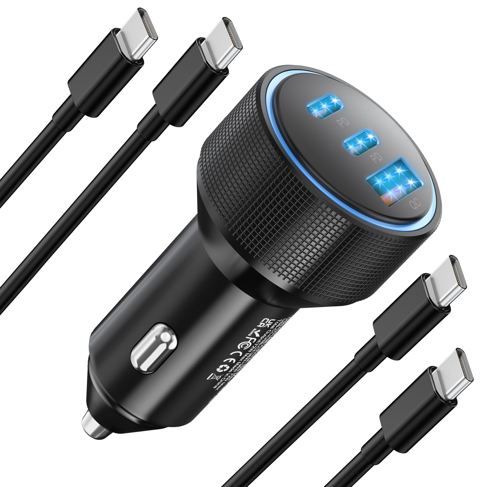 for iPhone 15/16 Pro Max Car Charger, 72W 3-Port Fast USB C Car Charger Power Cigarette Lighter Adapter with 2x3FT USB C to C Cable for iPhone 15/15 Plus/15 Pro Max/16/16 Pro Max, iPad Pro/Air/Mini