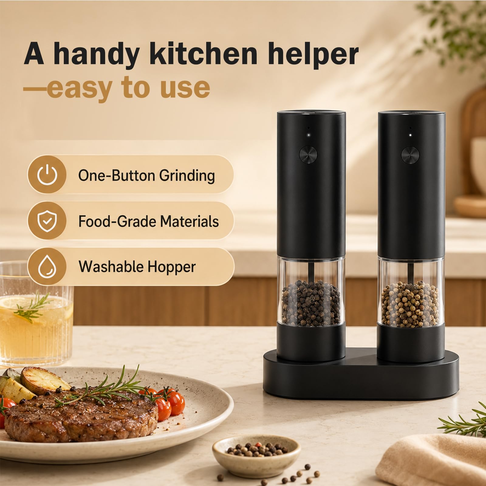 Set of 2 Electric Salt and Pepper Mills, Automatic Pepper Mill with Storage Base, 4 Speed ​​Settings, for Grinding Spices