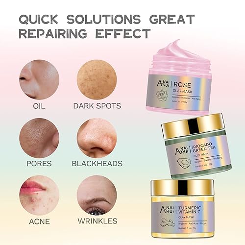 Miniatura 7 de ANAI RUI Turmeric Viamtin C Clay Mask Set-Rose Facial Mask-Avocado Green Tea Mud Mask.,Juego de máscara de arcilla +2% suero de ácido hialurónico