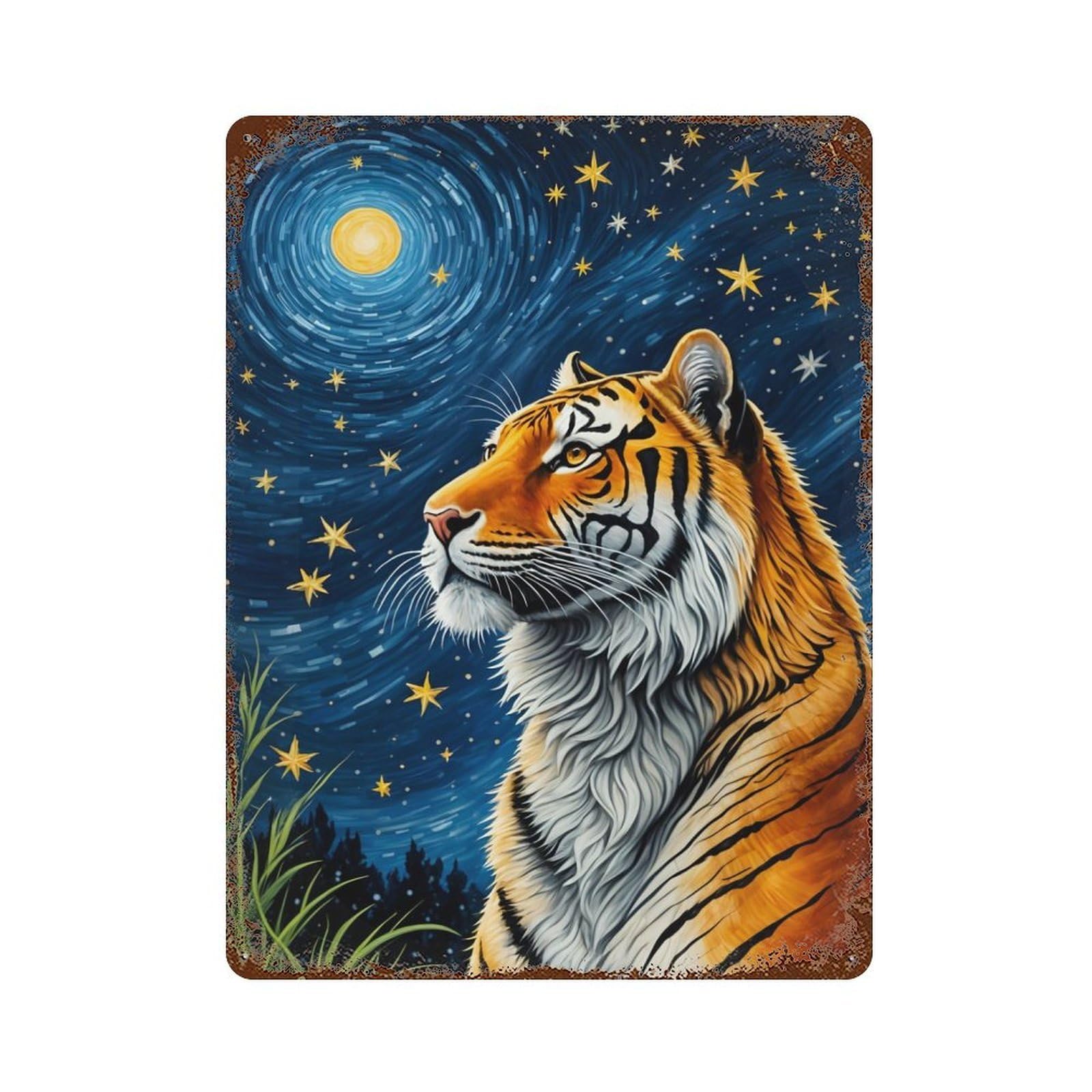 Tiger Starry Night Decorative Tin Sign 15.7"x11.8", Industrial Home Decor for Garage, Pub Or Kitchen