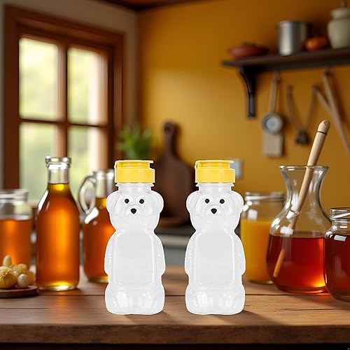 Miniatura 6 de 2 frascos de plástico amarillos de 8 onzas para botella de miel de oso, botella vacía de miel con tapa abatible para almacenar y dispensar, tapas