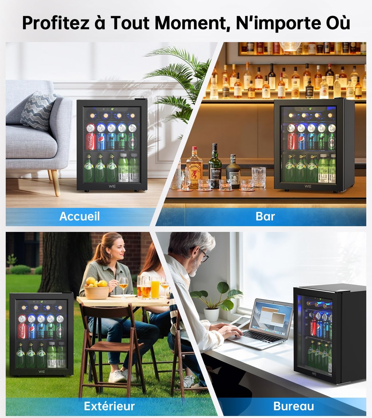 Armoire Vitrine Réfrigérée 48L 68 Cans Mini Frigo avec LED Étagères Réglables Silencieux pour Vin Cannette Bière