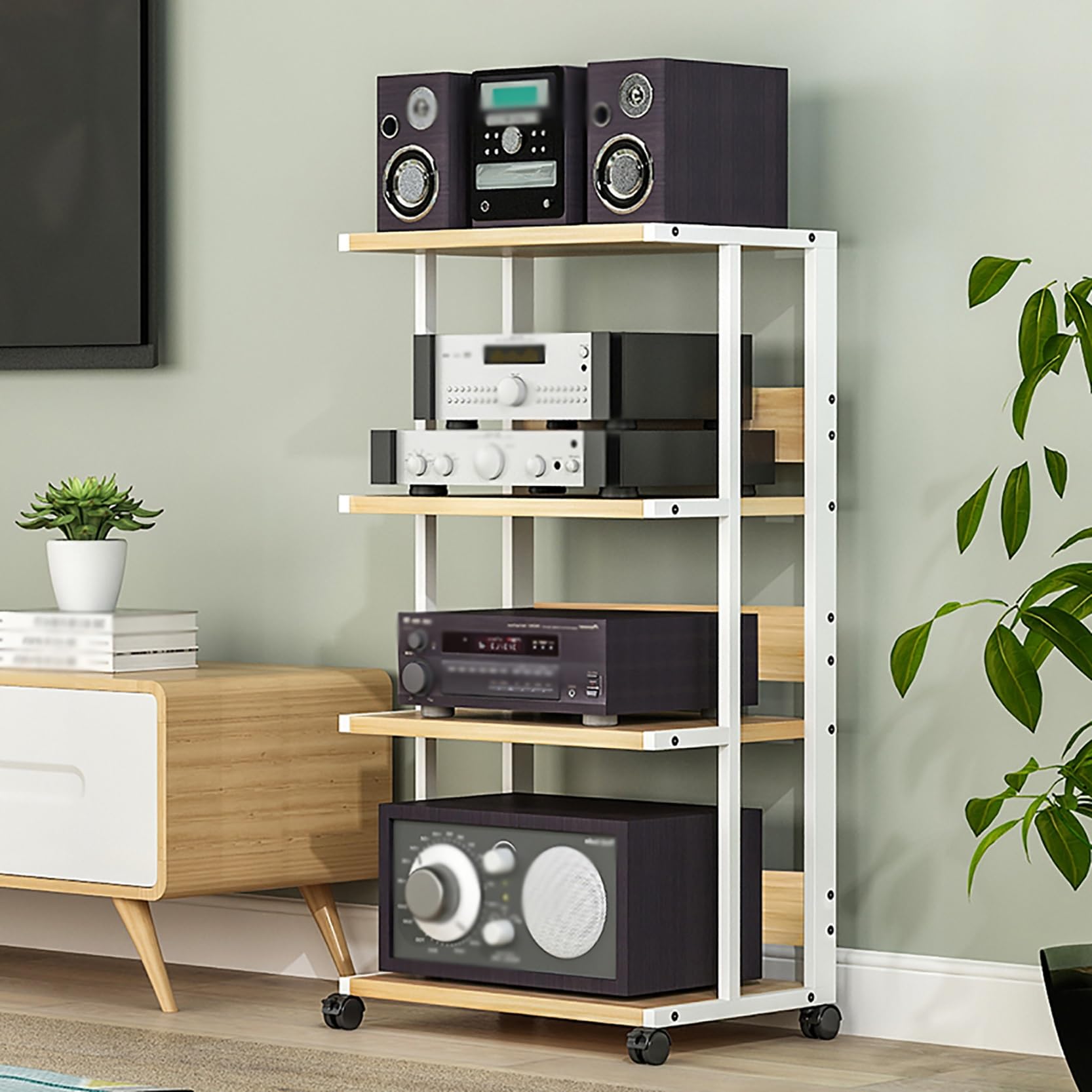 Mobilny stojak audio, obsługa multimediów do telewizora i gier, stojak wieża stereo, narożne centrum rozrywki, regulowane półki do przechowywania sprzętu AV