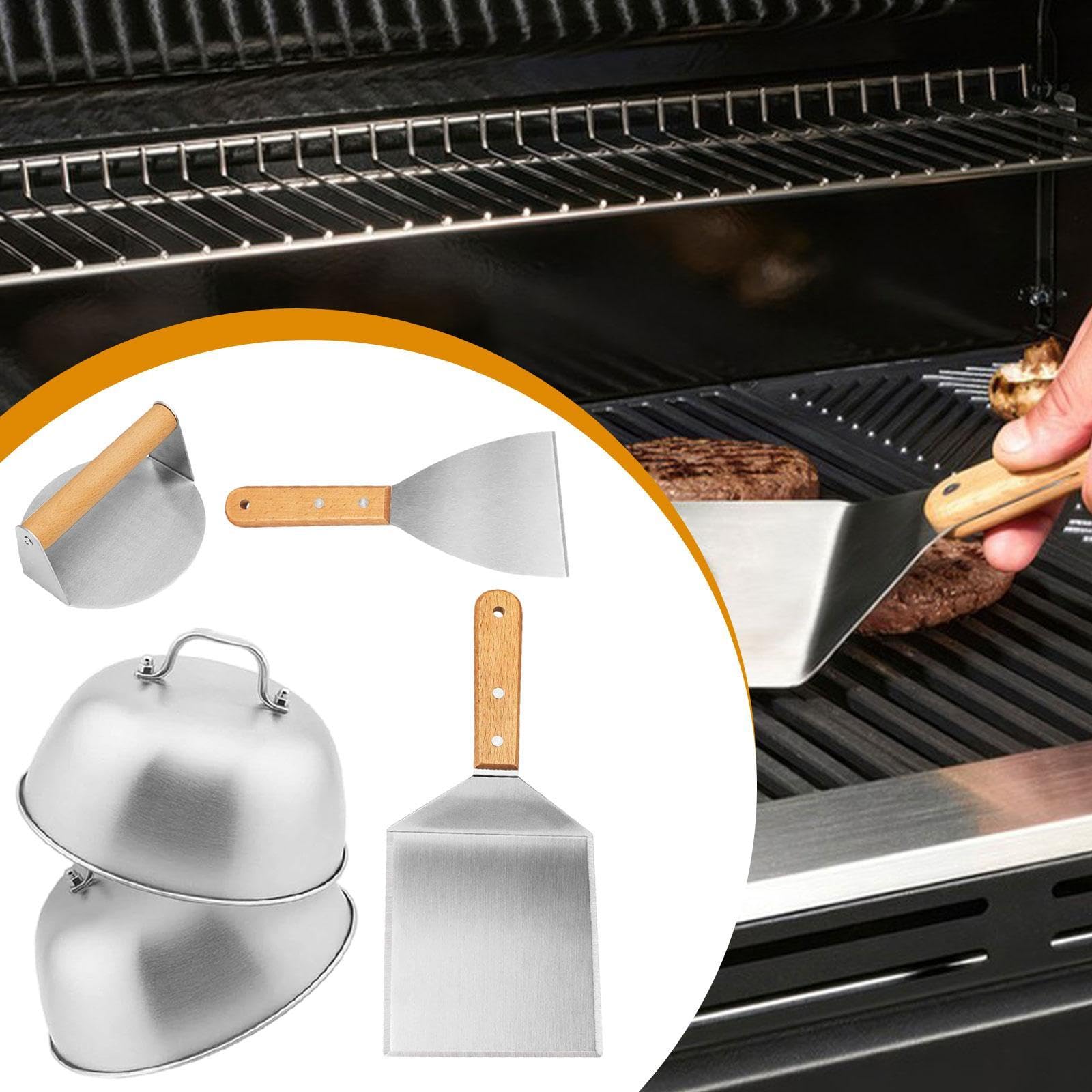 2 Pezzi Spatola BBQ Kit Accessori Barbecue Giraverdure Griglia Acciaio Inossidabile Manico in Legno Ergonomico Adatto per Picnic Cucina All’aperto Eve, 5 Pezzi