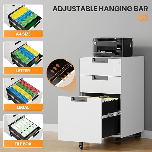 Vista 13 de Archivador de 3 cajones, archivador móvil totalmente ensamblado con cerradura para oficina en casa, caninete de metal con ruedas, cabina de tres