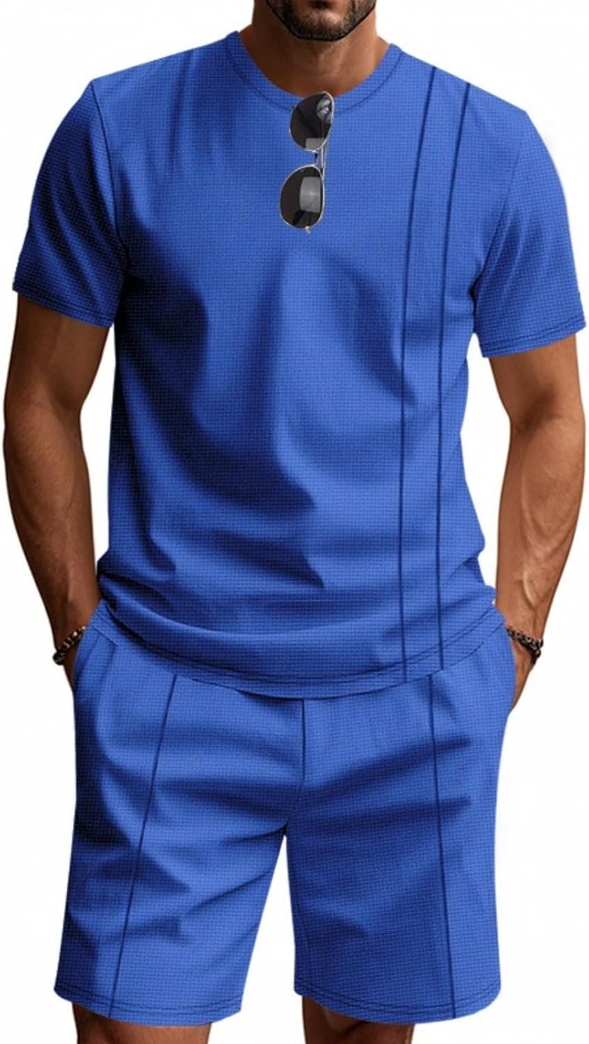 Men's Casual Suits 2 Piece Sets Summer Textured Short Sleeve Button Down Shirt and Shorts