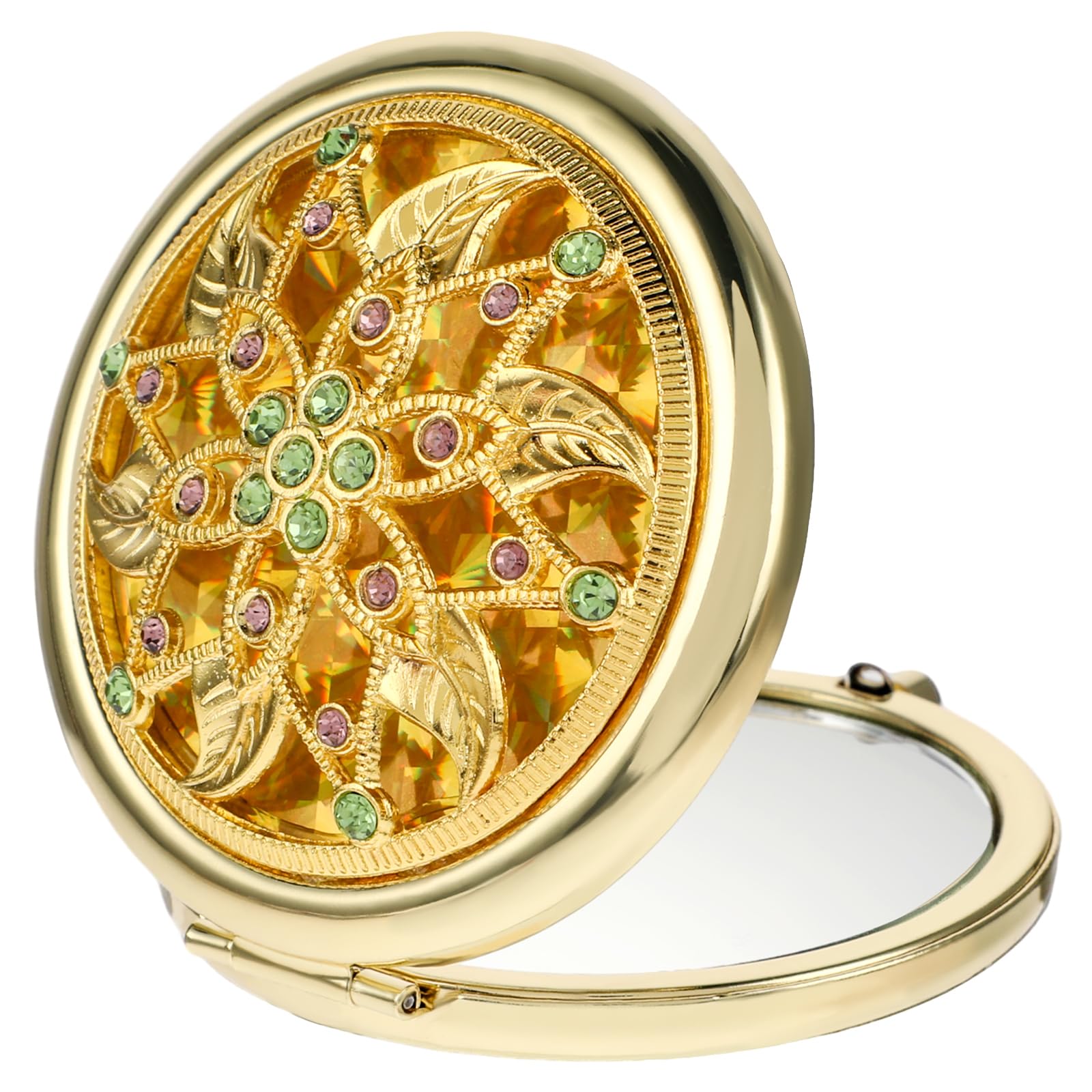 Sibba Espejo Cosmético Compacto Plegable de Mano 1X/2X con Aumento Redondo Mini Espejo de Bolsillo Estilo Palacio Espejo de Aspecto de Diamante Pequeño Reflector Portátil para Embellecer