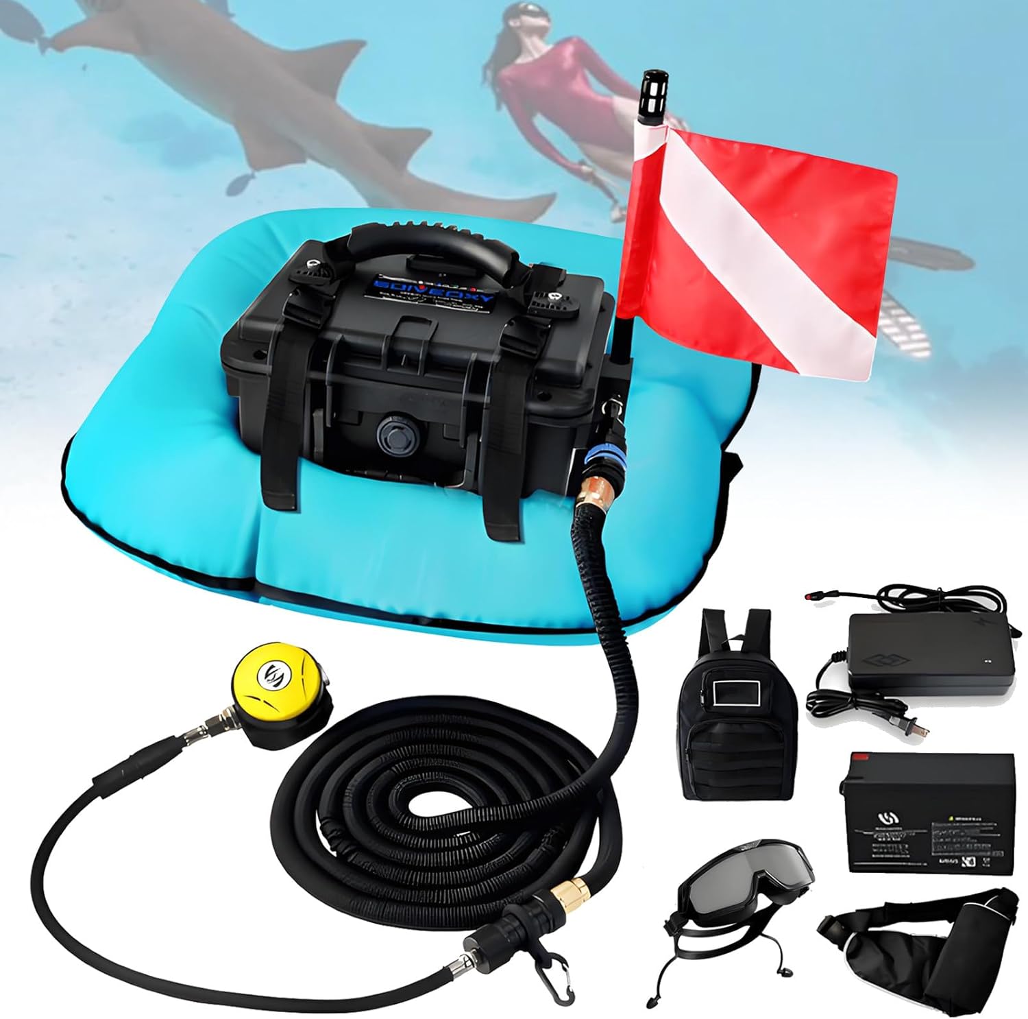 Scuba Diving Ventilator System, Portable Breathing Diving Compressor, Scuba Artificial Gill Equipment Equipment, Wireless Circulating Water Cooling, Suitable for Diving. Blue-2Battery