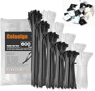 Zip Wire Ties 600Pcs Small Cable Zip Ties with Cable Mounts Nylon Zip Cable Ties Assorted Sizes 4+6+8+10+12 Inch, Self-Loc...