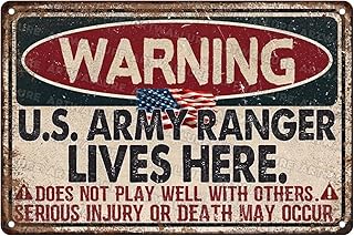 Warning US Army Ranger Vintage Tin Sign Great Patriotic Home Decor and Private Property Metal Sign for American Flag Home and Office Decor USA Army and Military 8x12inch