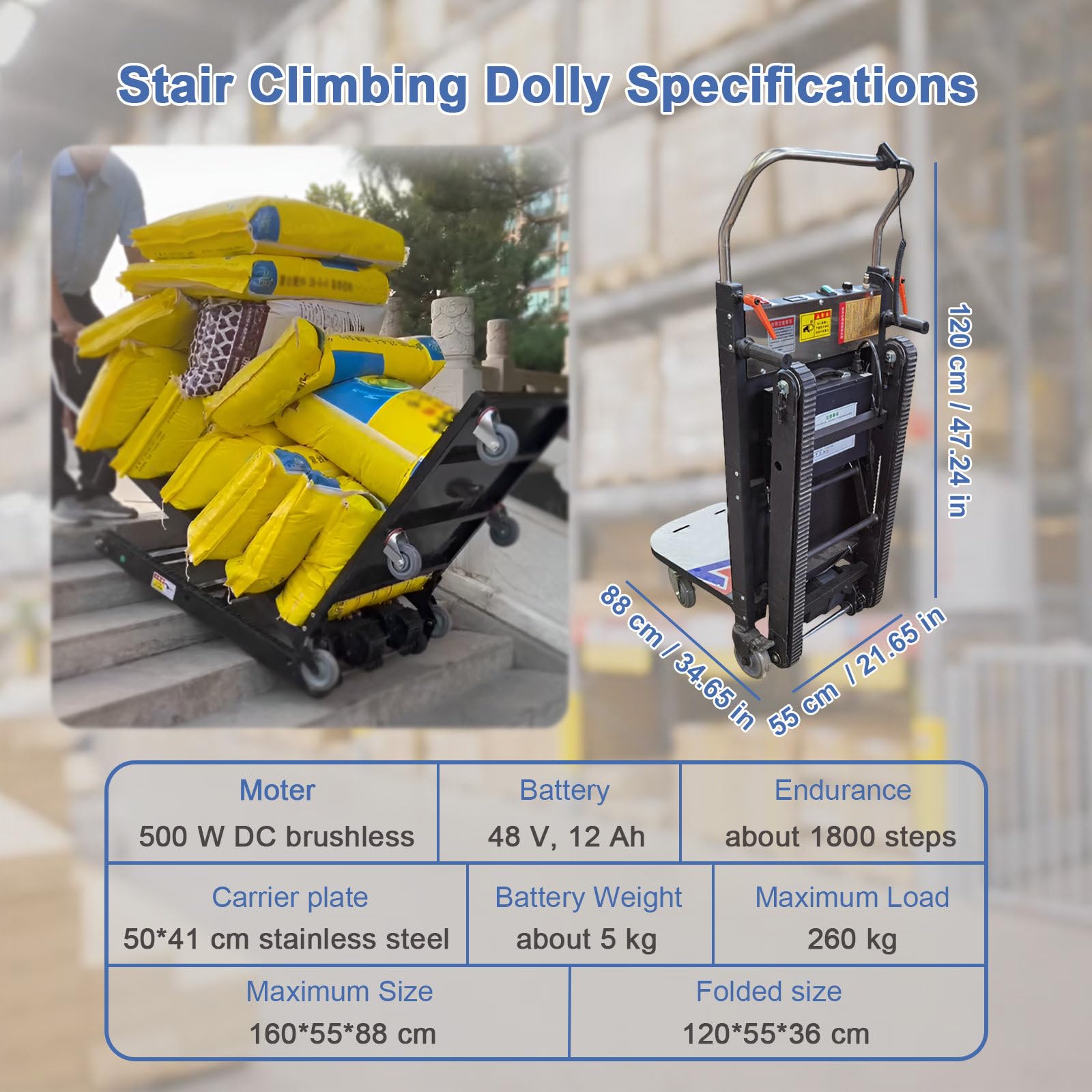 Carrello Saliscale Cingolato, Per Il Trasporto Di Elettrodomestici/Acqua In Bottiglia, Carrello Saliscale Elettrico, Motore Brushless DC Da 500 W, Portata Massima 260 KG
