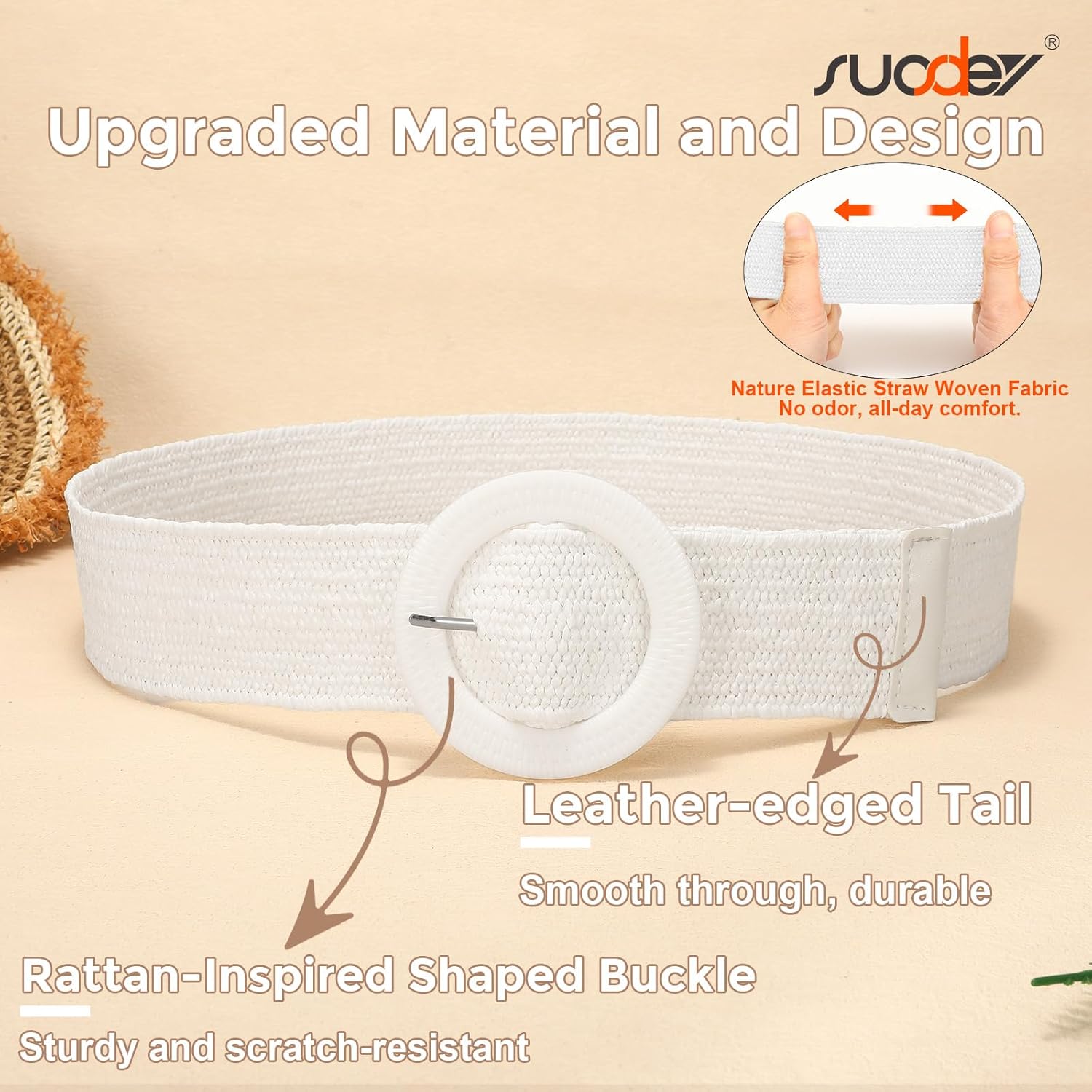 SUOSDEY Straw Woven stretchy Waist Belt for Women Dresses,Wide Boho Braided Elastic Belt with Round Buckle - Image 6