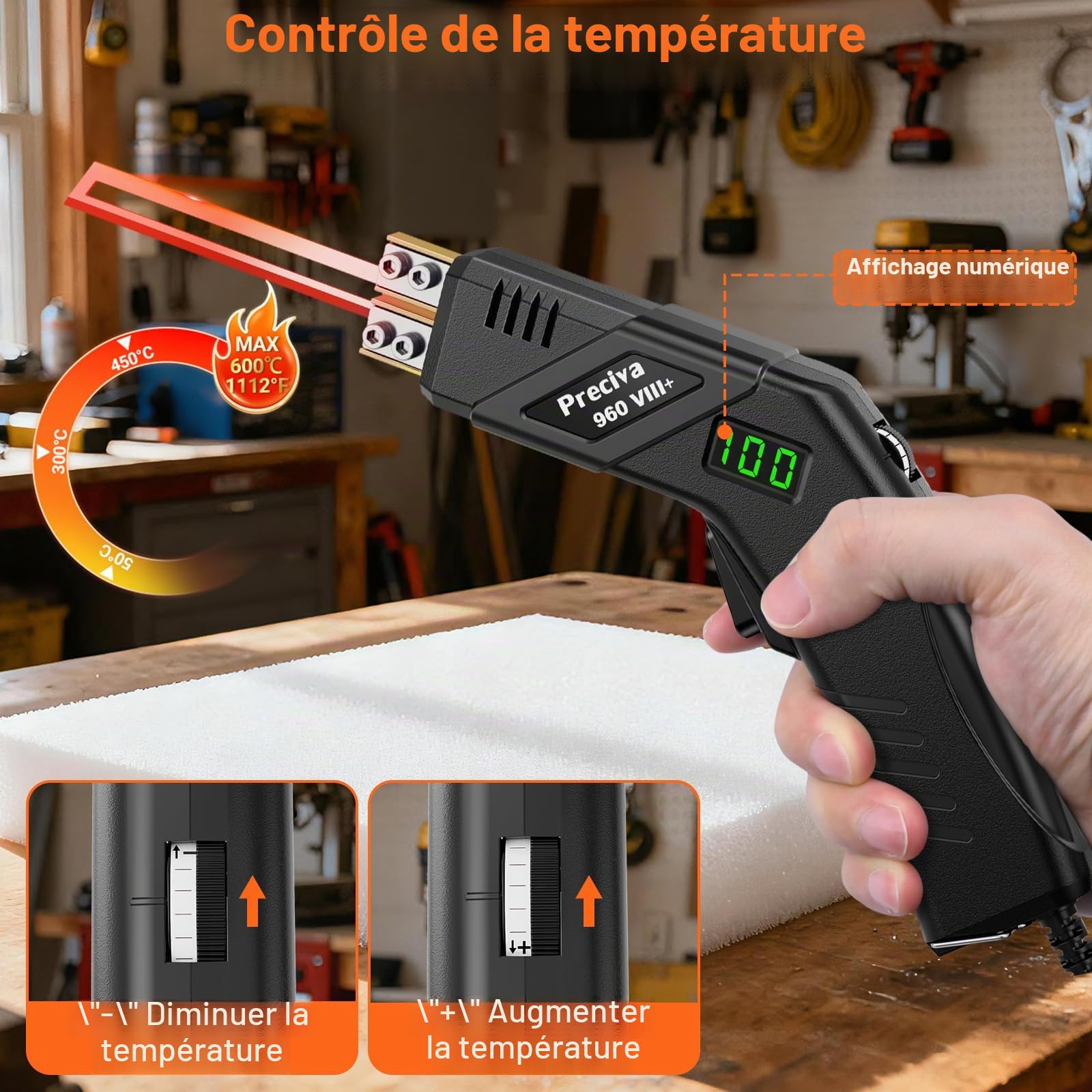 Preciva Couteau Électrique à Chaud - Découpeur de Mousse de Affichage Numérique avec 6 Lames, 0-600°C Chauffage Rapide, Outils Coupe Thermique pour Polyéthylène, Éponge, Caoutchouc, EPE, Panneaux KT