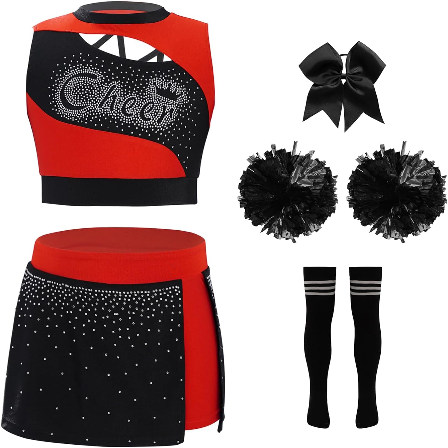Aislor Kids Girls 5 Piece High School Cheerleading Uniform Outfit Crop Top and Skirt Headwear Pom Poms Socks Set
