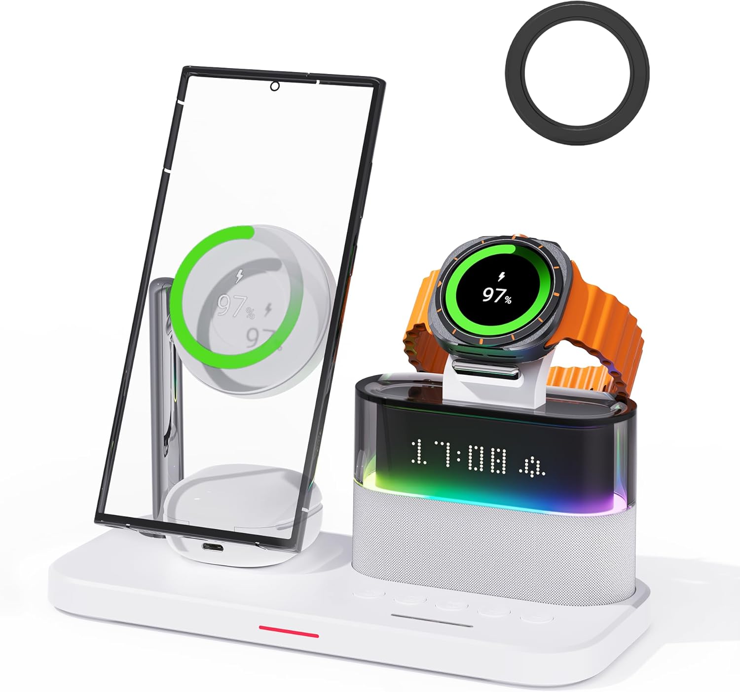 Brimford Magnetic Charger for Samsung, 5 in 1 Wireless Charging Station with Alarm Clock for Samsung Galaxy S25 Ultra/S24/S23/S22,Galaxy Watch 7/6/4/5,Galaxy Buds/Pro, White