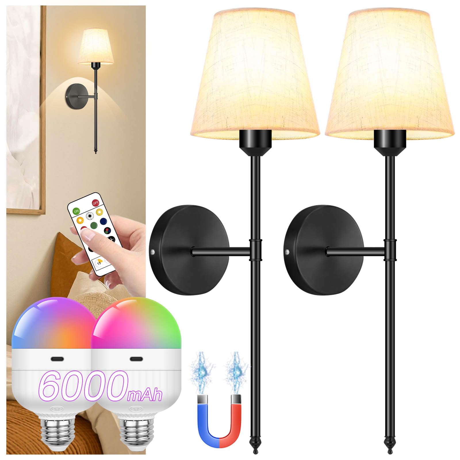 ZHENMING Battery Operated Wall Sconces Set of Two,6000mAh Battery Operated Wall Lights Wireless Wall Sconces with Remote,2700K-6000K and RGB Modes Wall Lamp for Bedroom,Bulb Included (Black)