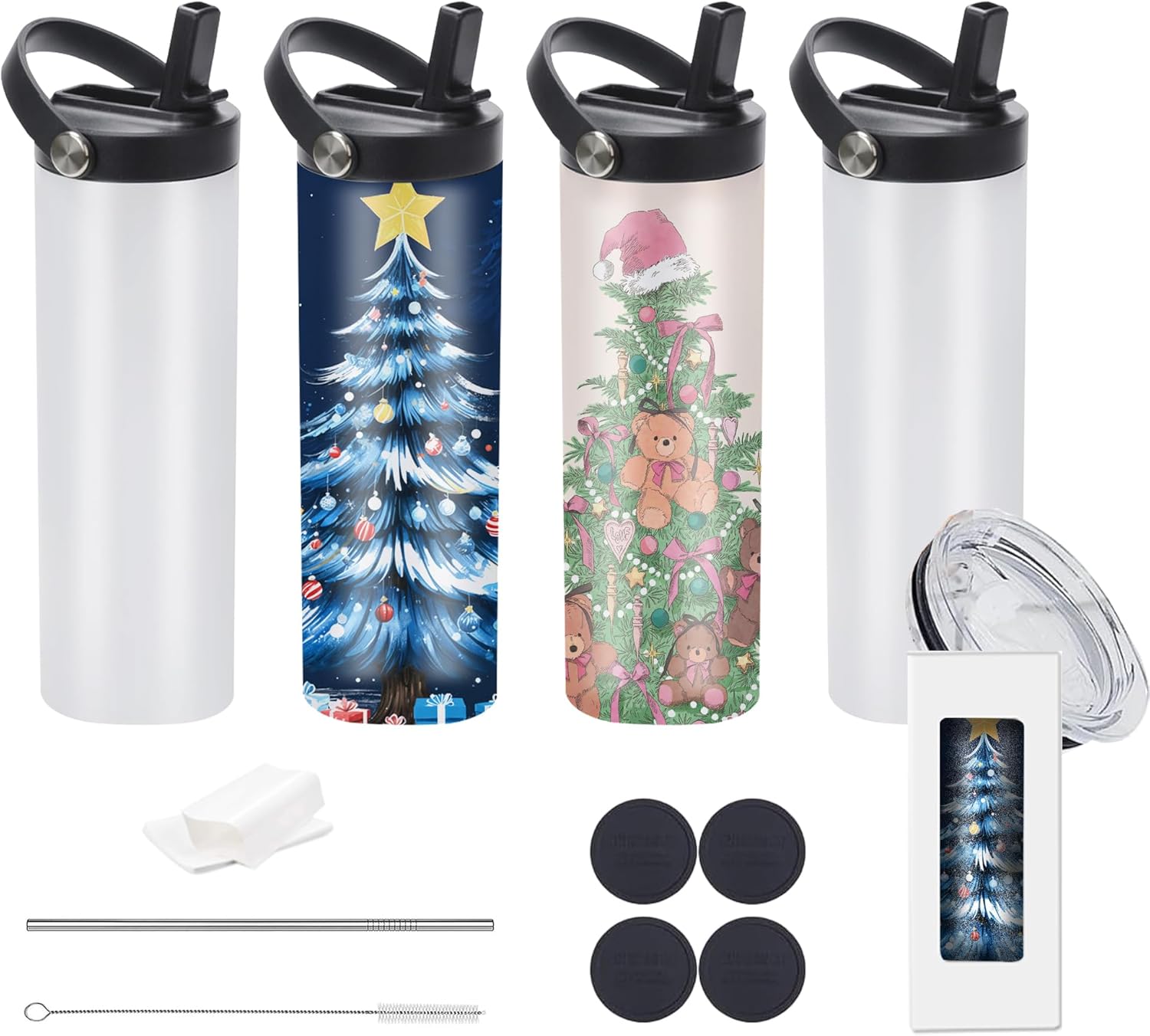 20oz sublimation sport tumblers blanks with two lids,flat edge sublimation tumblers,double wall stainless steel insulted cup,for Heat Transfer, White (4, with flex handle lid)