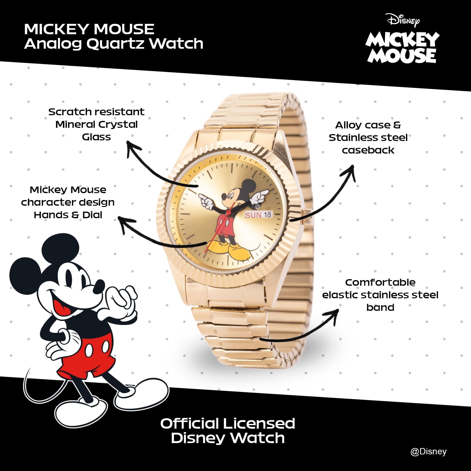 Disney Mickey Mouse Watch Men - Mickey Mouse Watches for Men - Watch - Mens Watches - - Classic Toys for with Golden Bezel and Multicolor Bracelet