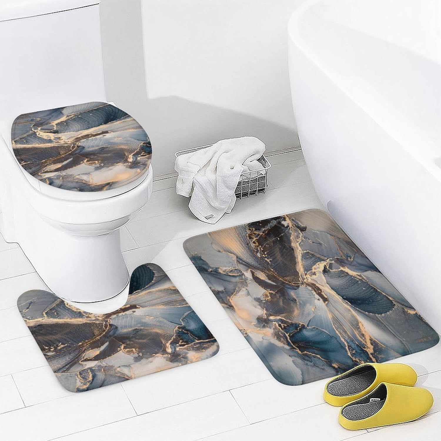 Gray Marble 4 Pcs Waterproof Shower Curtain Set,Watercolor Ink Blue Jade Gold Foil Geometric Texture Marble with Waterproof Toilet Cover Shower Mat Rugs