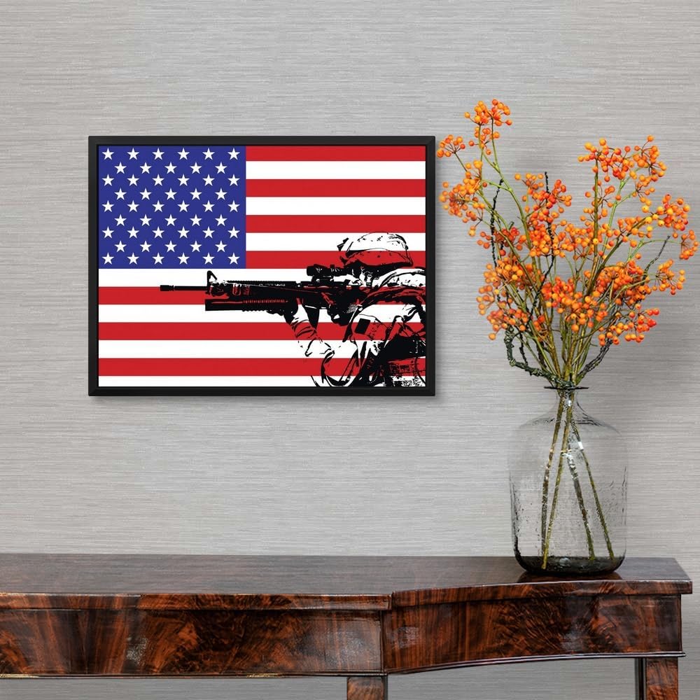 Illustration of U.S. Marine in Front of Black Float Frame Canvas Art, Artwork