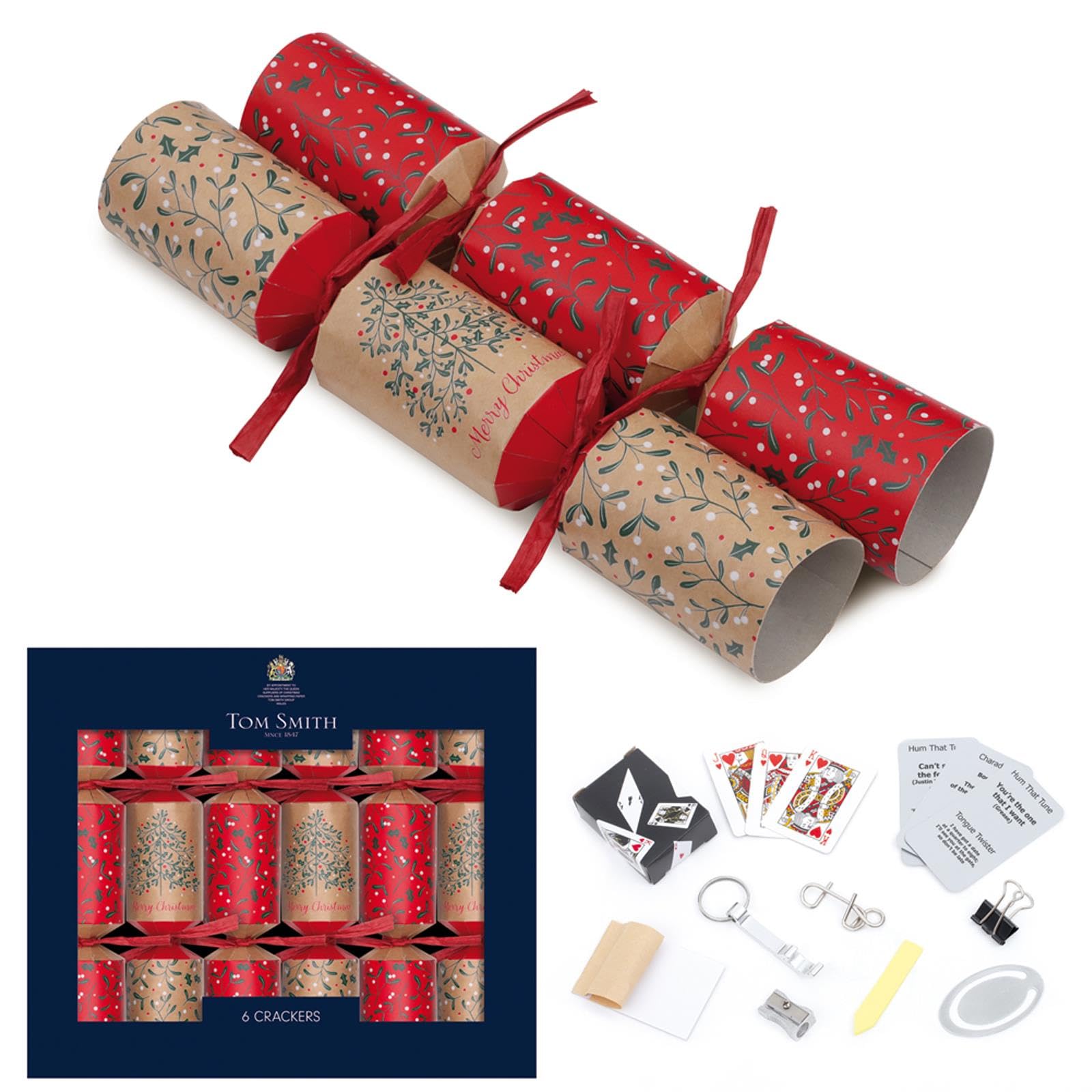 Tom Smith Pack 6 Luxury Mini Charity Christmas Crackers Kraft Brown & Red Merry Christmas