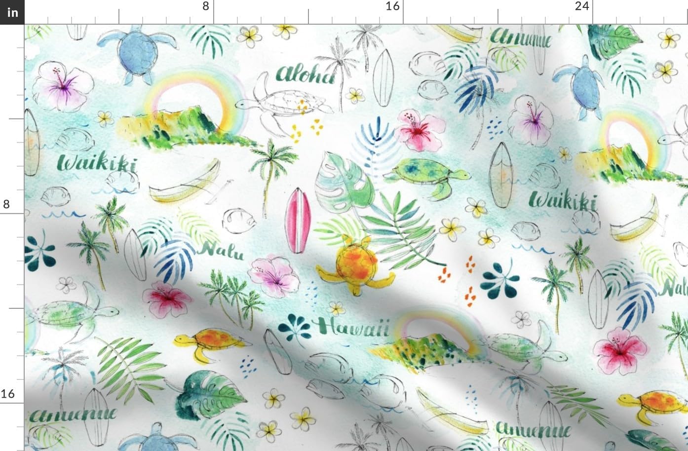 Spoonflower Fabric - Rainbows Hawaii Turtle Tropical Watercolor Hawaiian Surf Rainbow Printed on Organic Cotton Sateen Fabric by The Yard - Sewing Quilting Apparel Home Decor