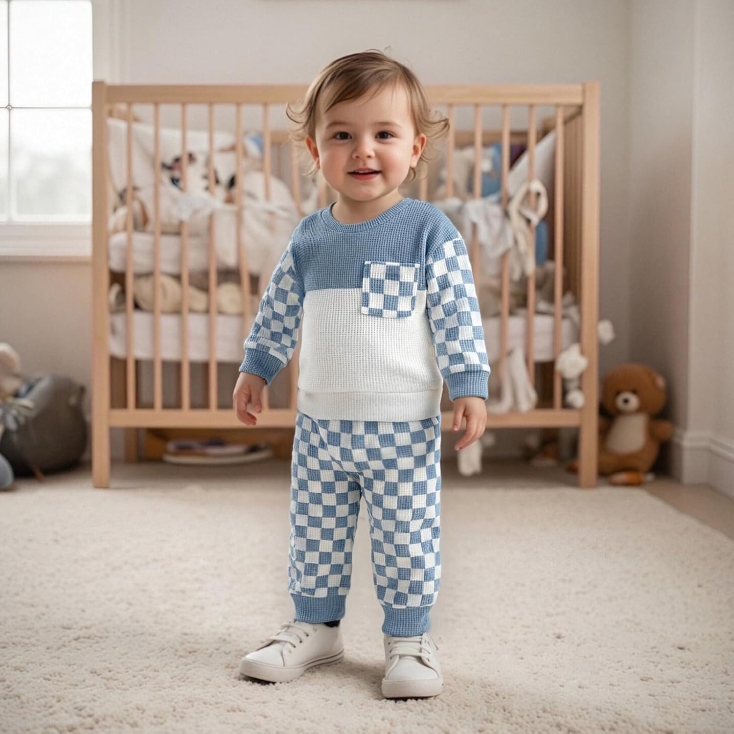 allshope Toddler Baby Boy Fall Outfit Checkerboard Patchwork Long Sleeve Sweatshirt Elastic Waist Pants Newborn Clothes Set - Image 2