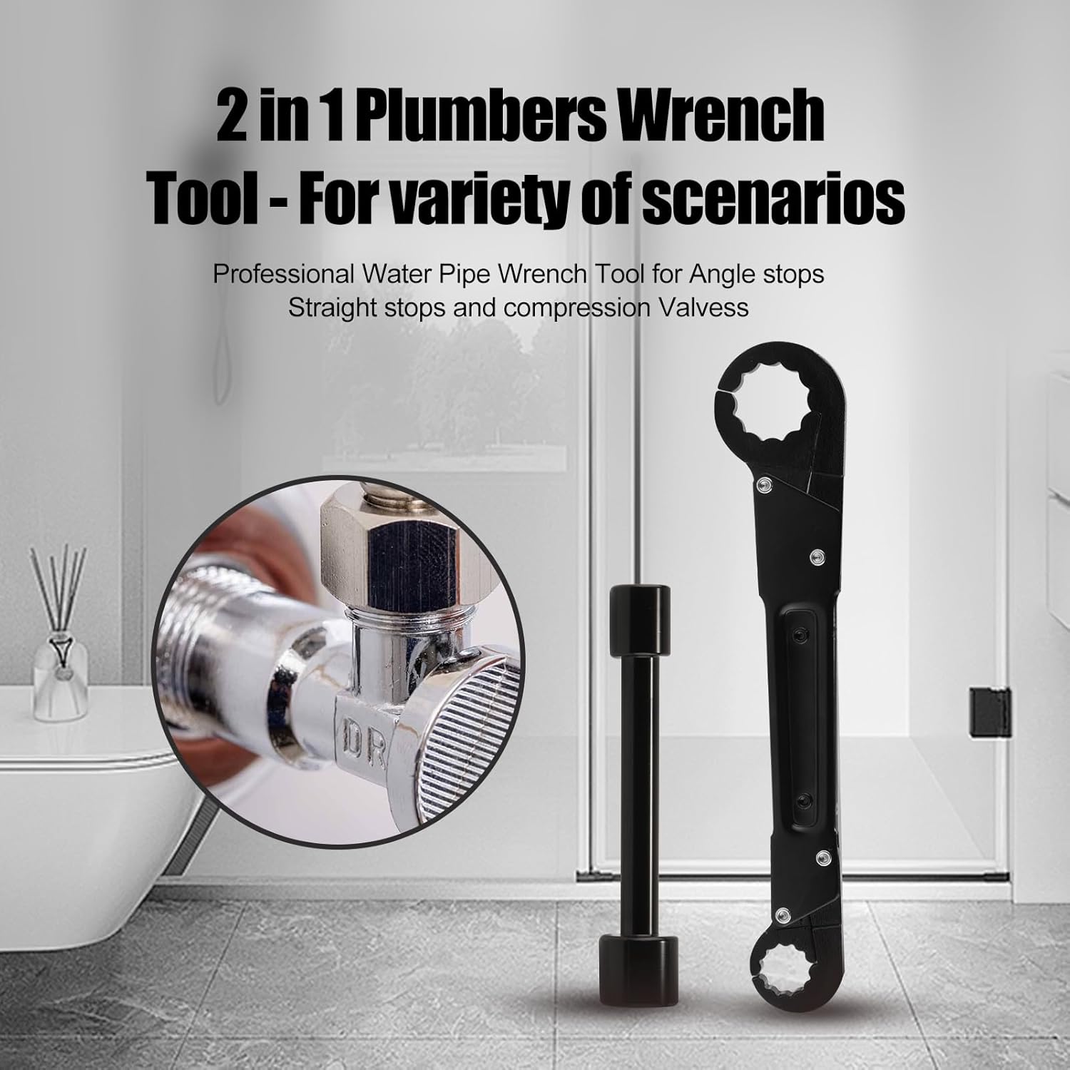 Plumbing Tools Angle Stop Wrench Kit, Adjustable Plumber Wrench Tools for Installing New Compression Angle Stops and Removing Compression Rings, Supply Nut Installation for Bathroom, Kitchen