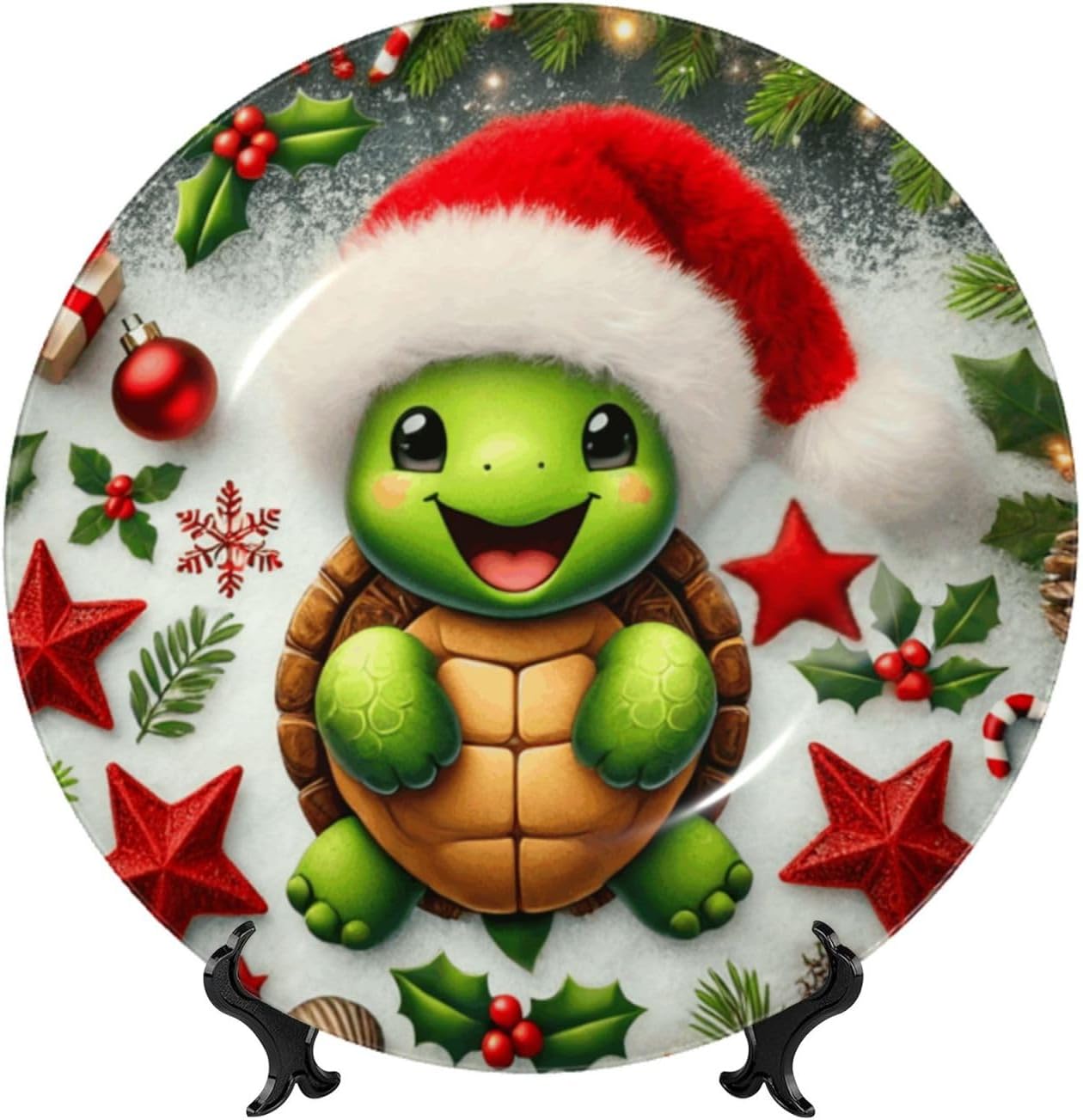 Christmas-Turtle 10 Inch Decorative Plate With Stand, Elegant Display Wall Plate For Home Decor