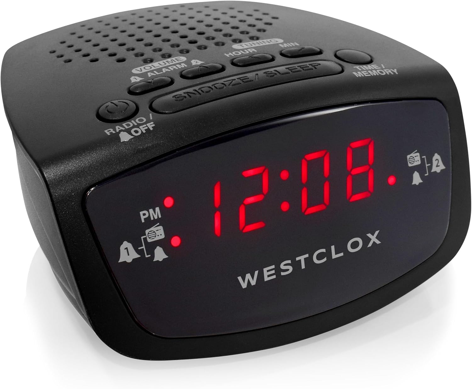 Westclox Dual Alarm FM Clock Radio, front view showing red LED display with time 12:08 PM