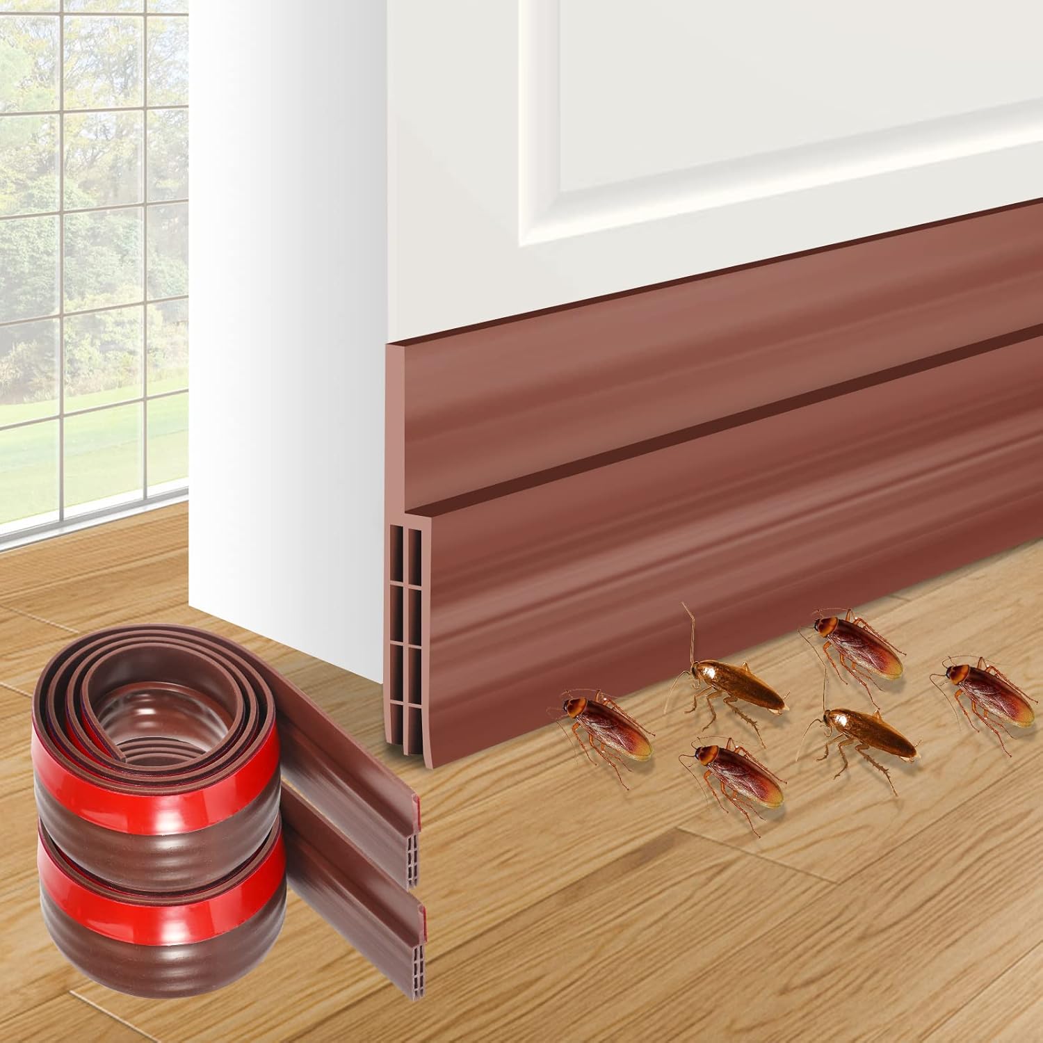 Camel Home Sweep Weather Stripping - Self Adhesive Rubber under Door Bottom Seal Strip Draft Stopper Insulation for Weatherproof, Soundproof, Dustproof, Insectproof, 2" W X 39" L (2 Pack Brown)