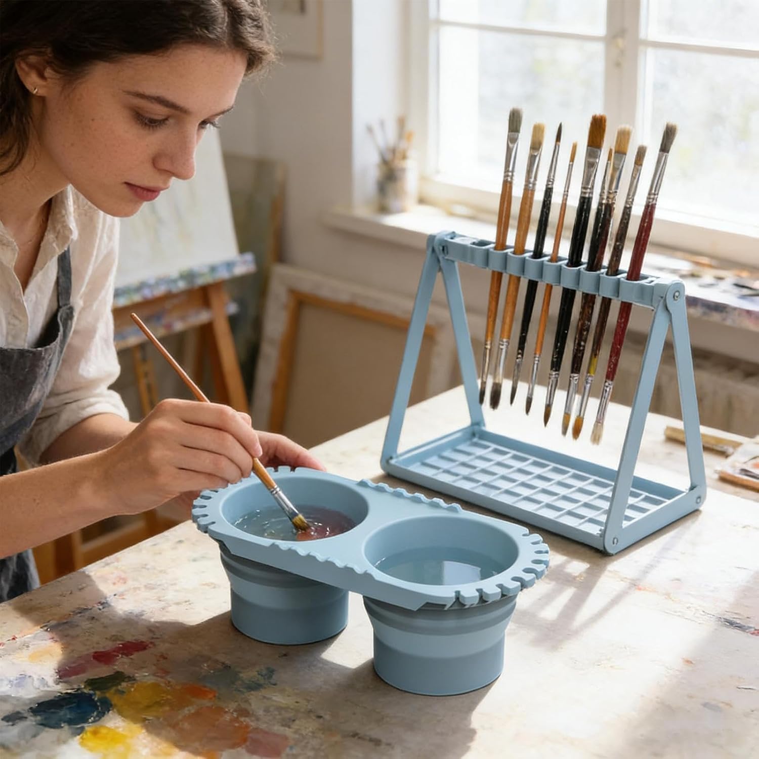 Paint Brush Cleaner Cup, Paint Brush Cleaner Foldable Silicone Cleaning Container with Brush Holder, Squeegee Lips & Drip Tray for Acrylics, Watercolors, and All Art Supplies