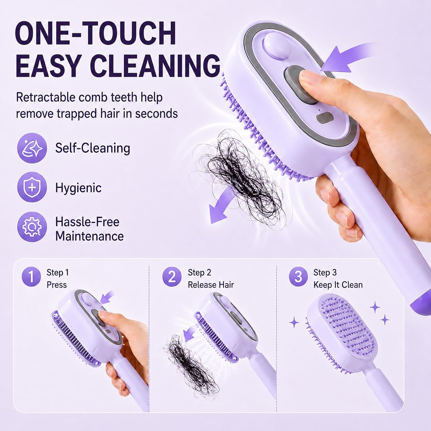 Electric Spray Air Cushion Massage Comb,5-in-1 Electric Spray Cushion Comb Steamer for Hair, Anti-Tangle Self-Cleaning Hair Brush Rechargeable for Hair Care, Scalp Massage, Daily Styling (Purple)