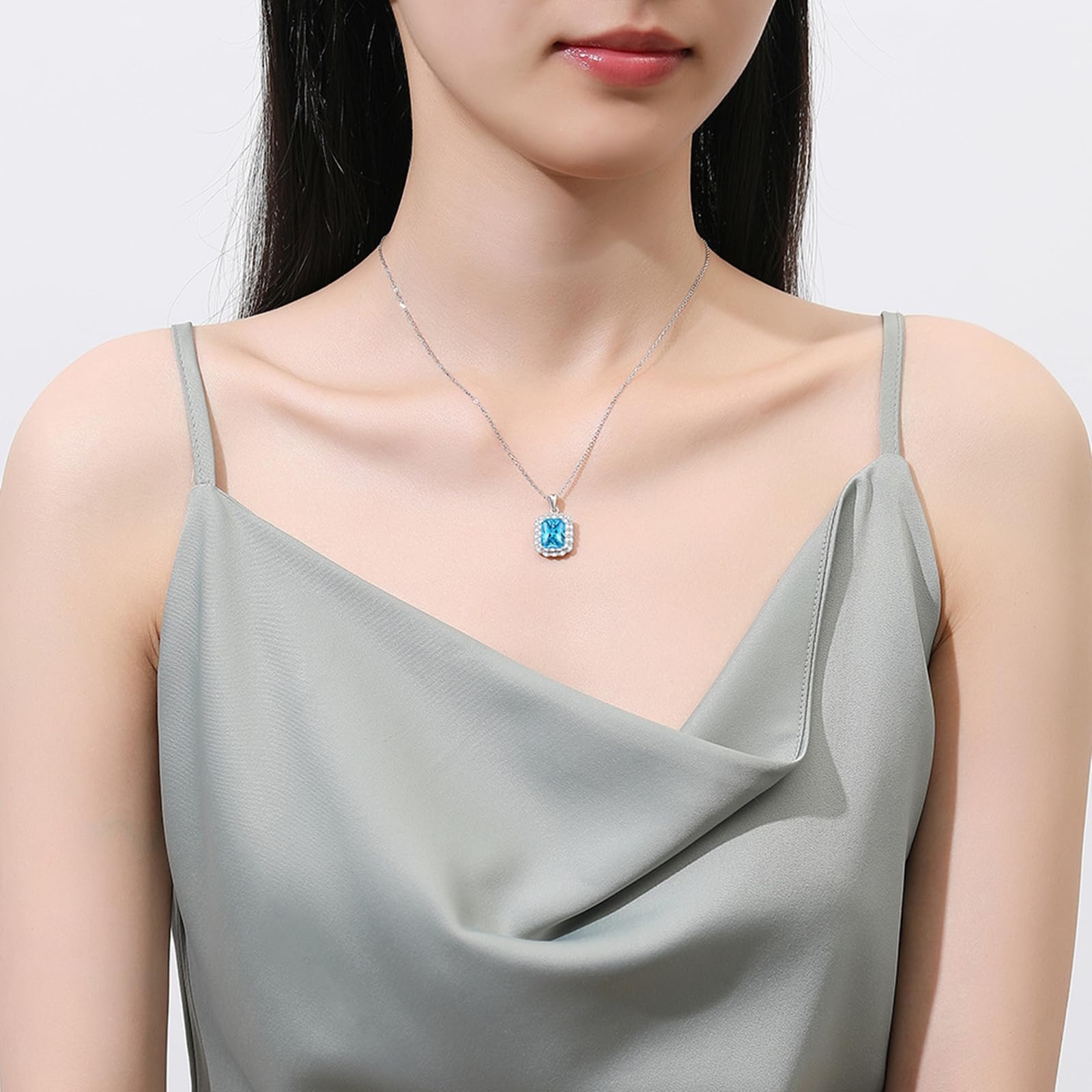 Collar de oro blanco de 9/14/18 quilates para mujer, collar con colgante de halo con forma radiante de 3 quilates, topacio azul moissanita AU375