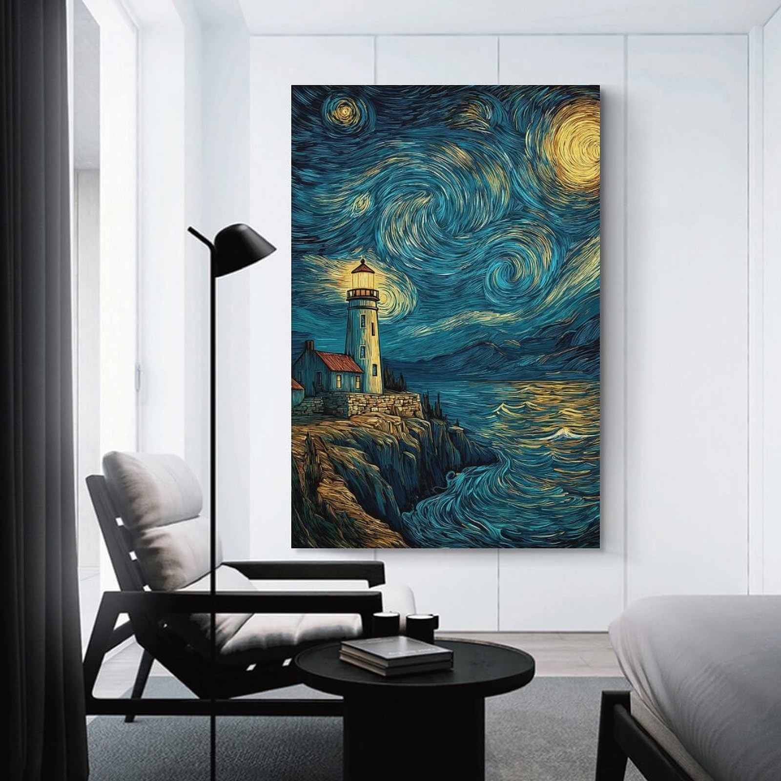 Junmoney Unframe-Style-2 Lighthouse At Night With Swirling Sky Decorative Wall Artwork 16X24inch(40X60cm), For Corridors, Hallways Or Apartment Entries, Home Artwork For First Impressions