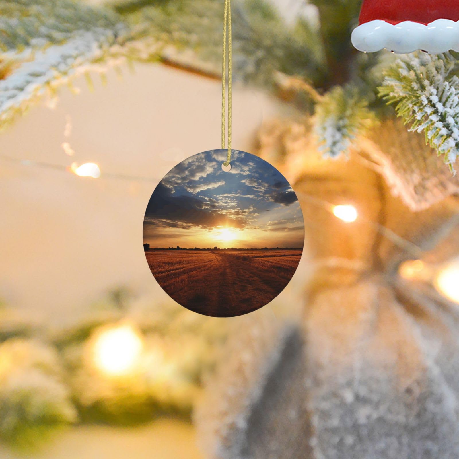 Christmas Tree Ornaments Ceramics Christmas Round Decorations Field Sunrise Ceramics Ornaments Circle Pentagram Xmas Tree Hanging Pendant for Christmas Tree Party Holiday Home Decor