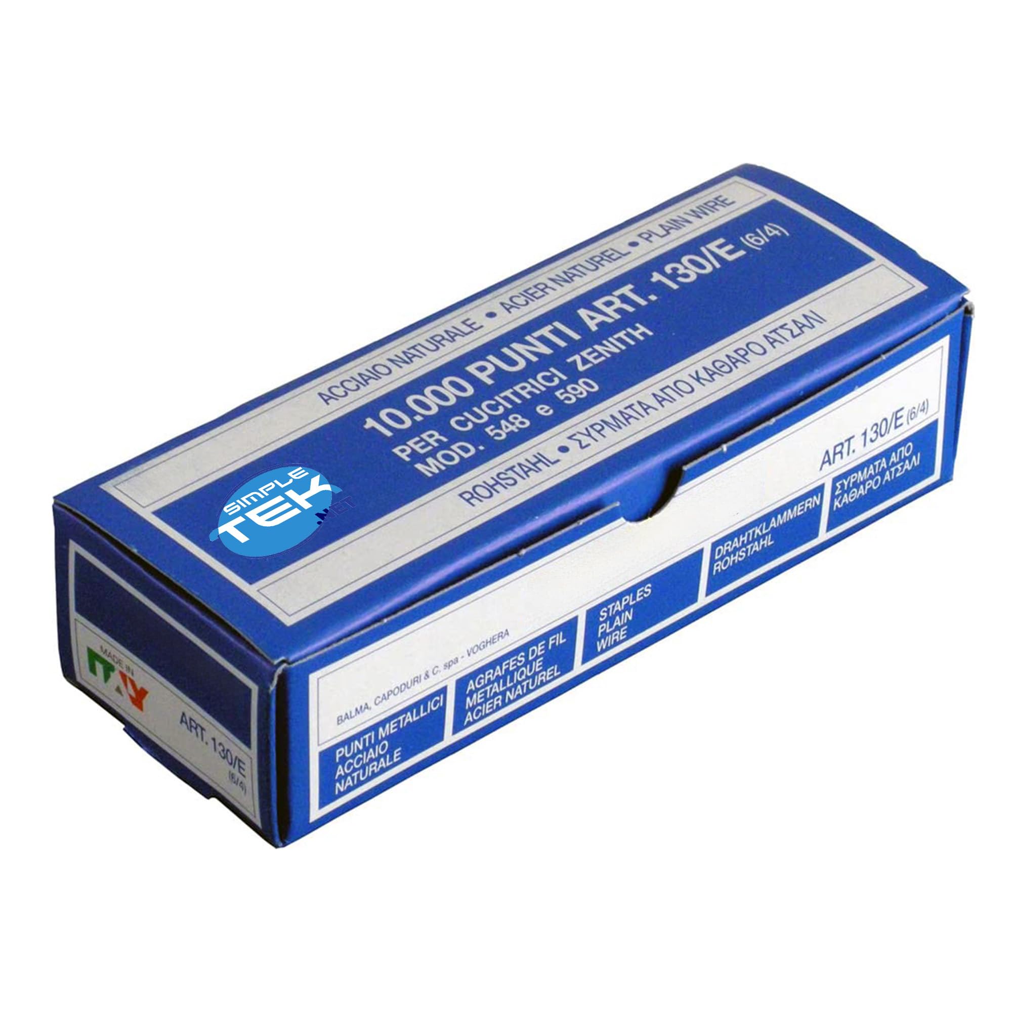SIMPLETEK - 10000 punti metallici 130/E (6/4) — passo 6 mm, gamba 4 mm — confezione da 10.000 pezzi