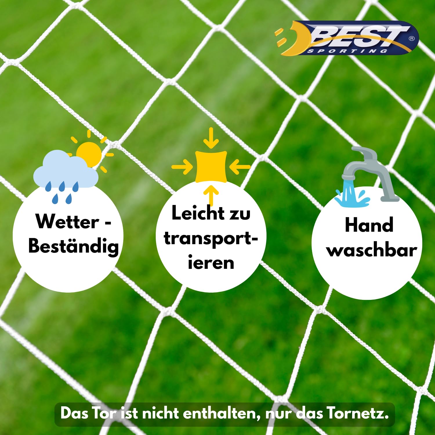 BEST SPORTING Fußballtor Tornetz Grau/Weiß, Passend für 180 x 120 x 60 cm, Fussball Tornetz mit Best Sporting Logo, Kein Aufbau Nötig, Wetterbeständig, Robust und Sicher