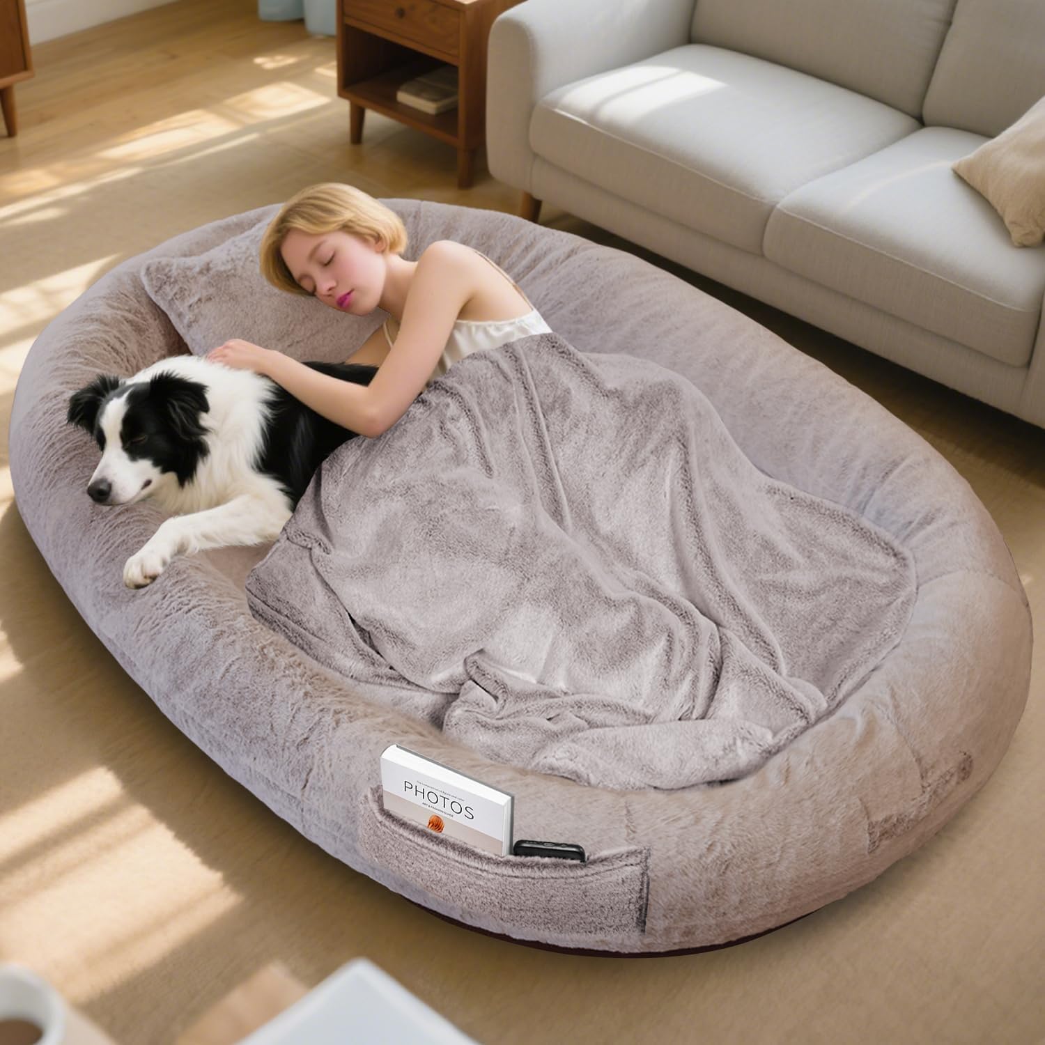 IVY&LANE Human Dog Bed for Adult,Human Sized Dog Bed for People Giant Bean Bag 71"x45"x14",Washable Faux Fur Orthopedic Nap Pet Beds with Blanket and Pillow,Camel