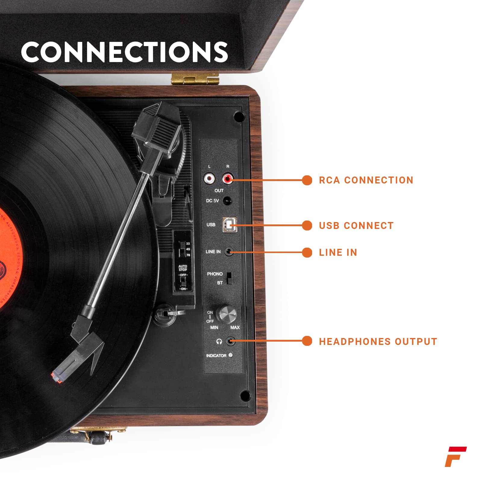 Platine Vinyle Fenton RP115 • Sortie RCA, entrée jack 3,5 mm et alimentation USB • 3 vitesses pour disques 33, 45 et 78 tours, avec adaptateur • Logiciel et câble USB pour numériser vos vinyles inclus
