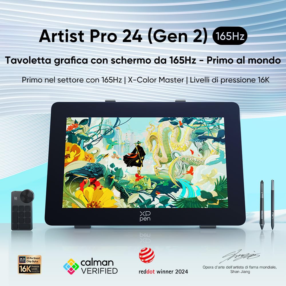 XPPen Artist Pro 24 (Gen 2) 165Hz Tavoletta Grafica con Schermo 2,5K Professionale per Illustratori, Grafici, Artisti di Videogiochi, Animazione, Designer Industriali e Architettonici in 3D