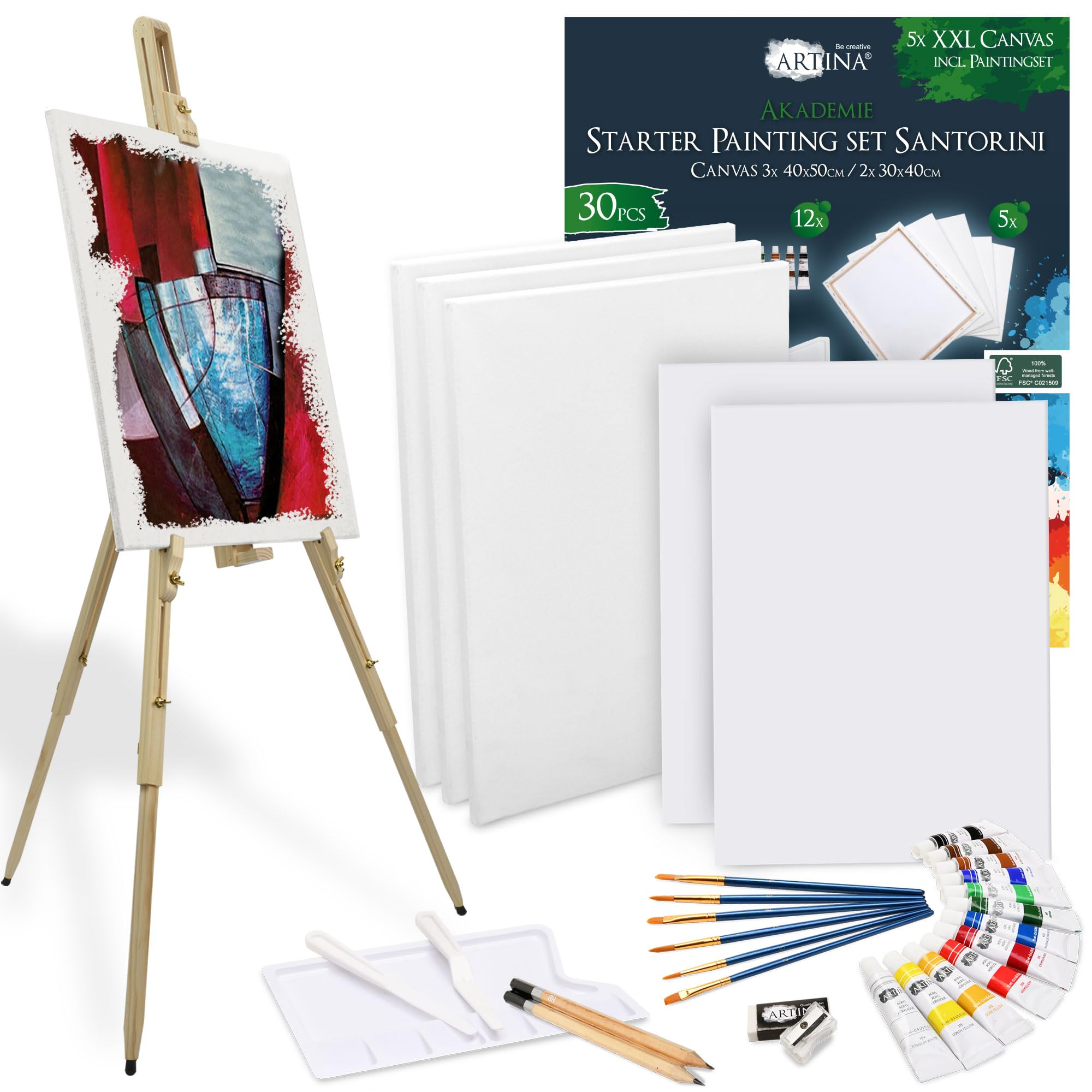 Artina 30pc Set di Pittura Acrilica Santorini & Cavalletto per Tele a 100 cm Malaga – Set Artisti con Telai, 12 Colori Acrilici, Pennelli, Tavolozza per Pittura e Cavalletto Portatile Artisti Hobbisti